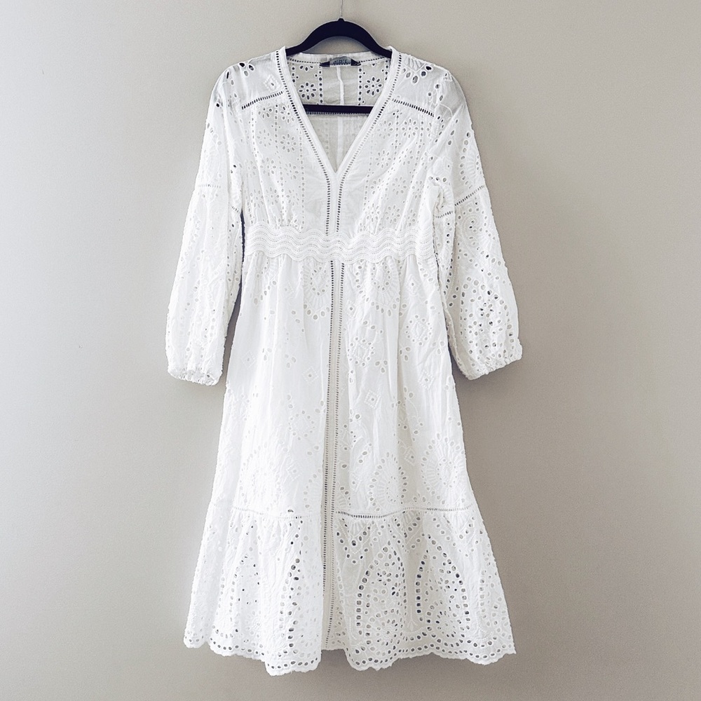 O.P.T. • Cotton Eyelet Midi Dress with Long Sleeves